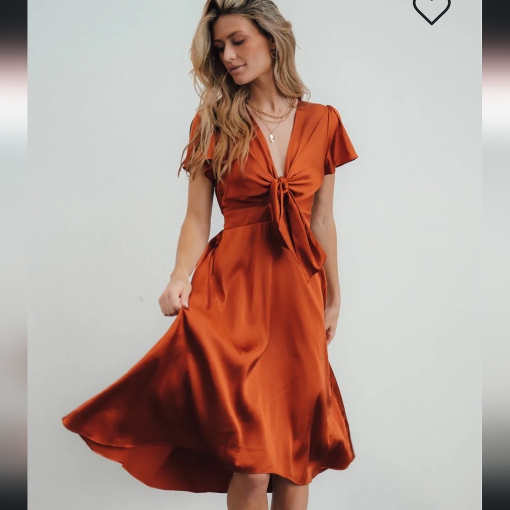 Baltic Born Rust Satin Midi Dress with Front Tie